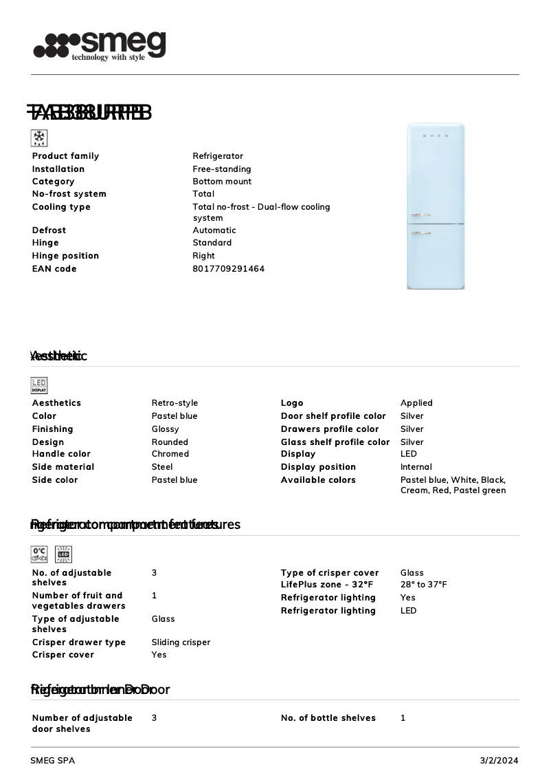 Page n°1 - Fiche technique Smeg FAB38URPB