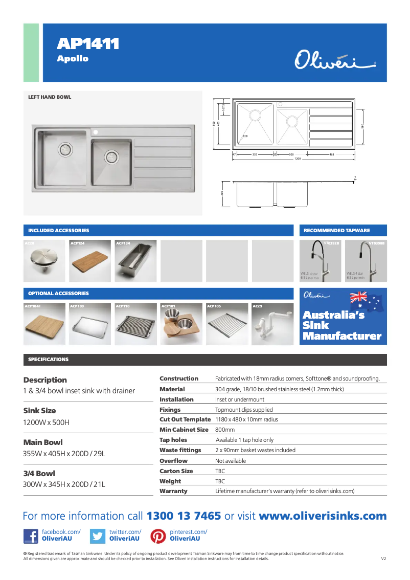 Page 1 de la notice Fiche technique Oliveri AP1411