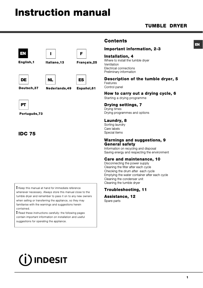 Page n°1 - Manuel utilisateur Indesit IDC 75 B