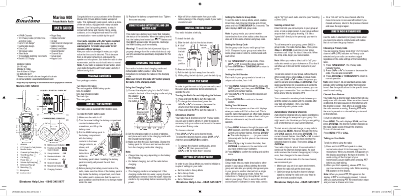 Page n°1 - Manuel utilisateur Binatone Marina 900