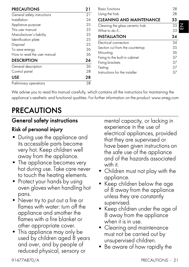 Page 1 de la notice Manuel utilisateur Smeg SE332EPB