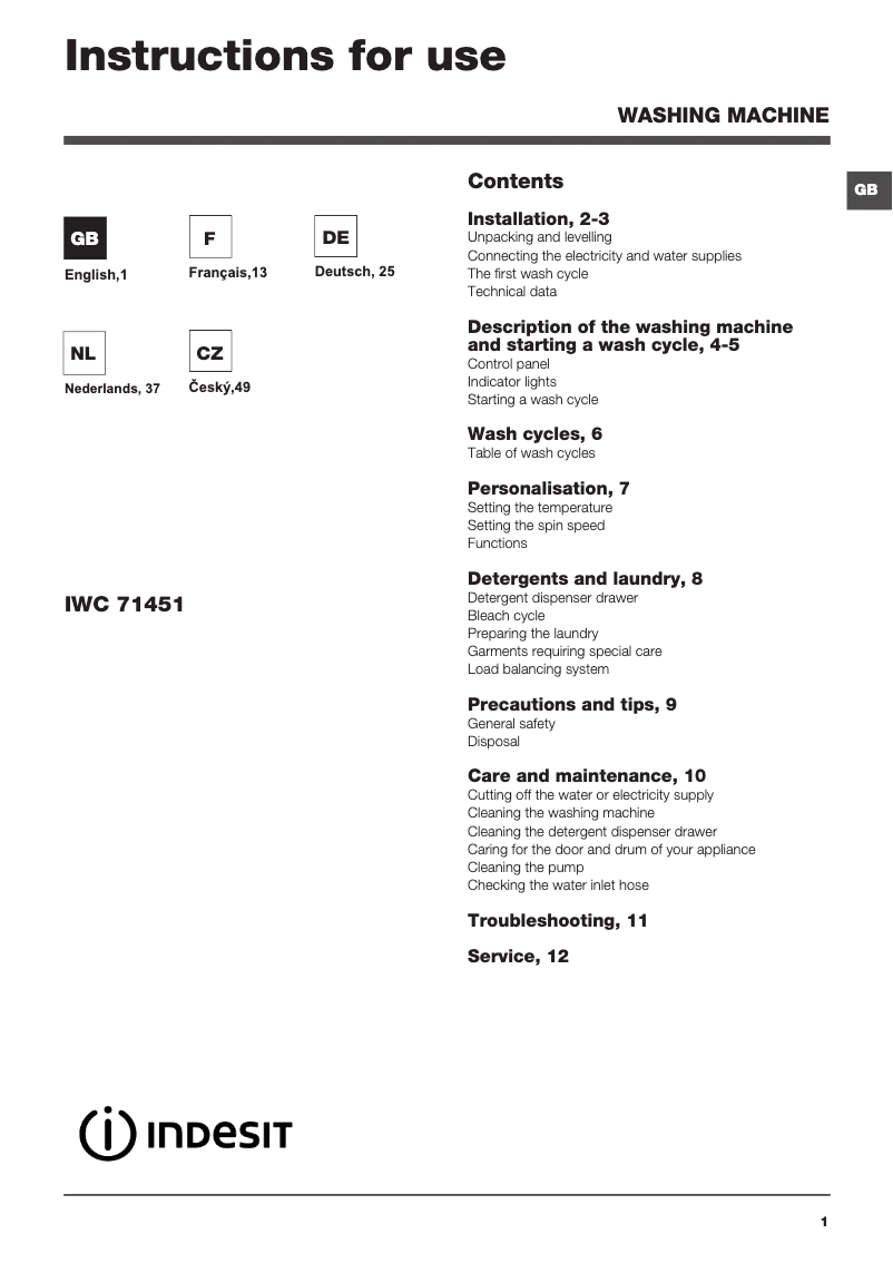Page 1 de la notice Manuel utilisateur Indesit IWC 71451 ECO EU