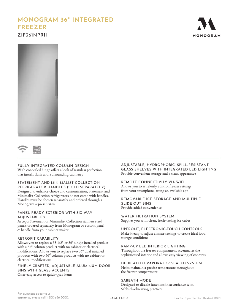 Page 1 de la notice Fiche technique Monogram ZIF361NPRII