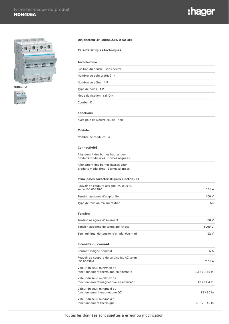 Page n°1 - Fiche technique Hager NDN406A