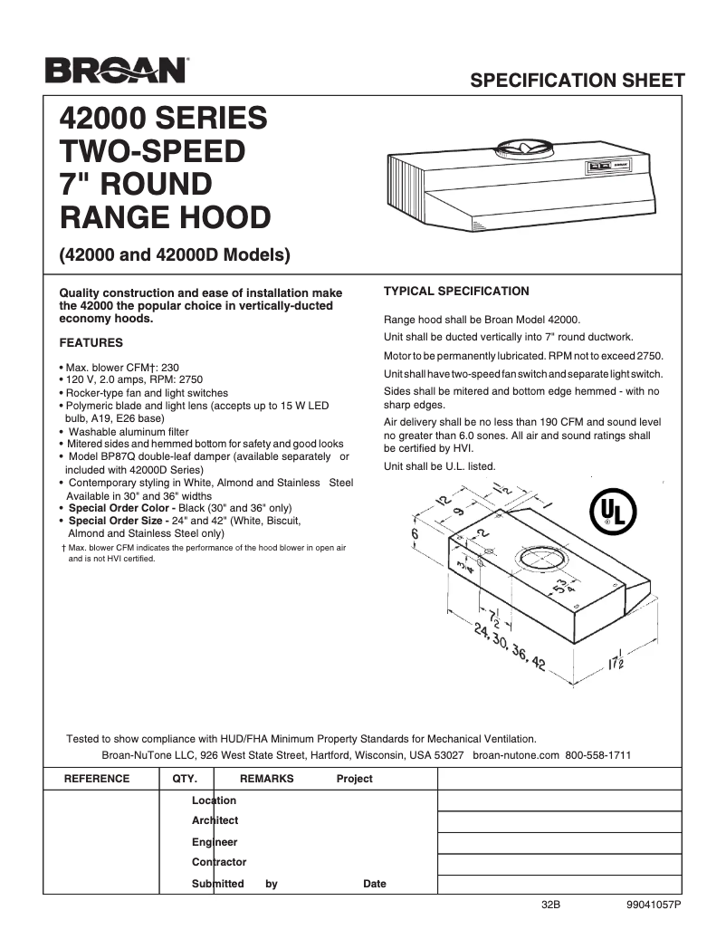Page 1 de la notice Fiche technique Broan 423001