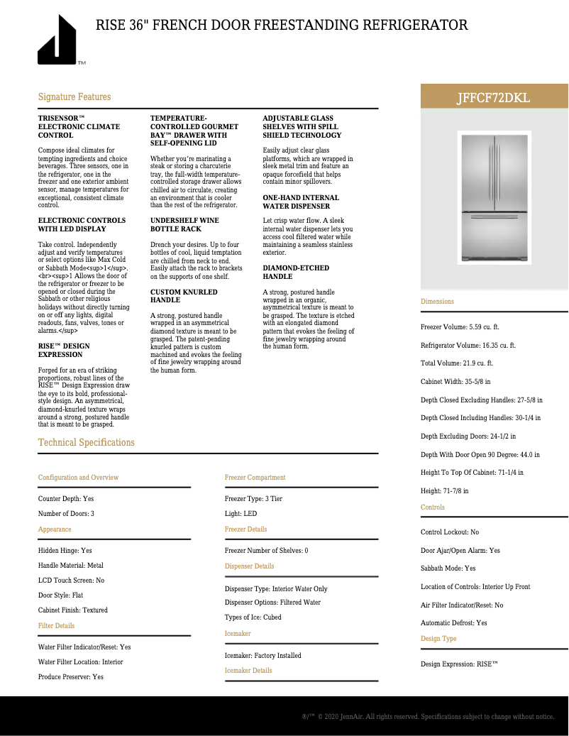 Page 1 de la notice Fiche technique JennAir JFFCF72DKL