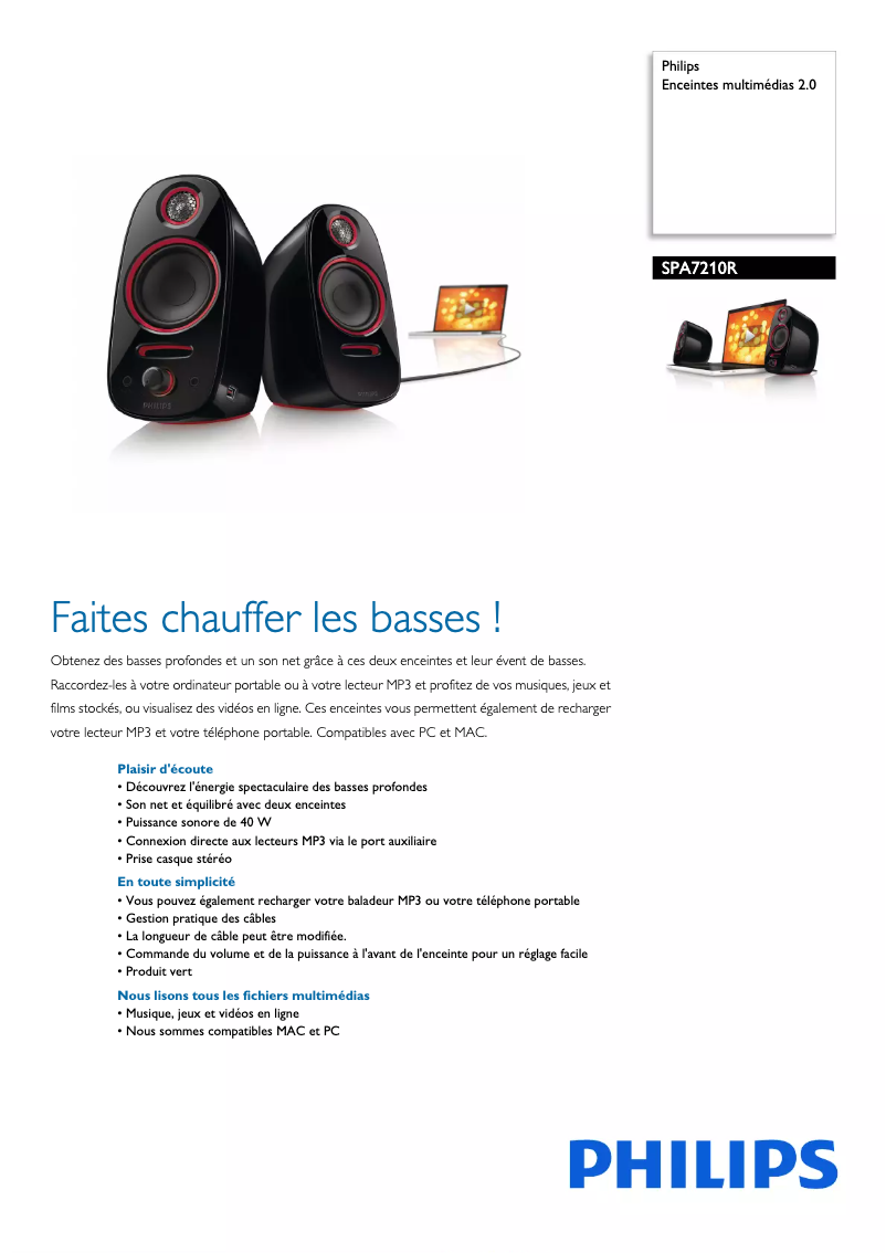 Page 1 de la notice Fiche technique Philips SPA7210R