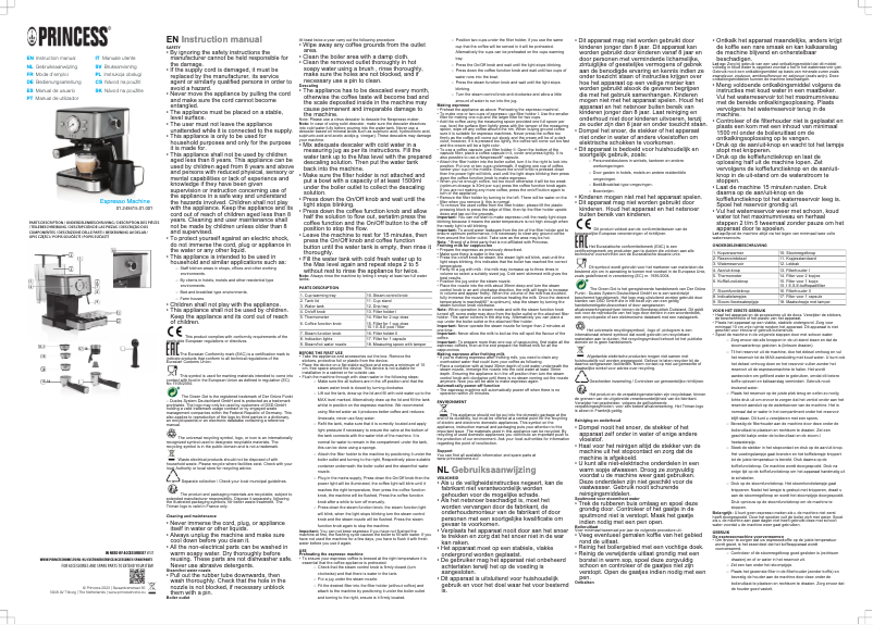 Page 1 de la notice Manuel utilisateur Princess Espresso Machine 249415