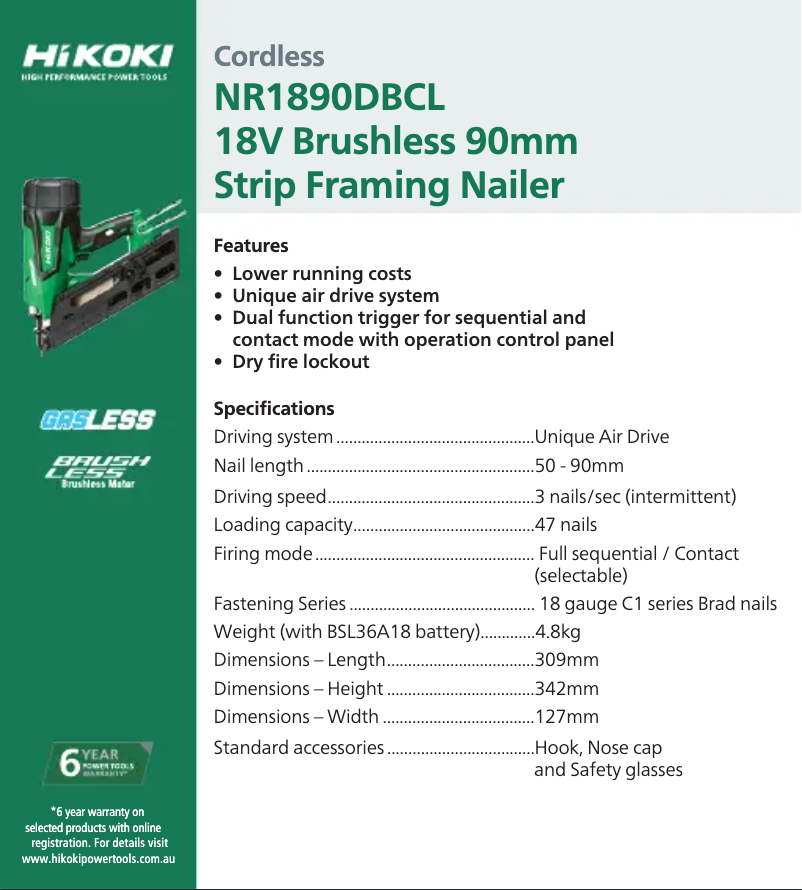 Página 1 del manual Ficha técnica HiKOKI NR1890DBCL