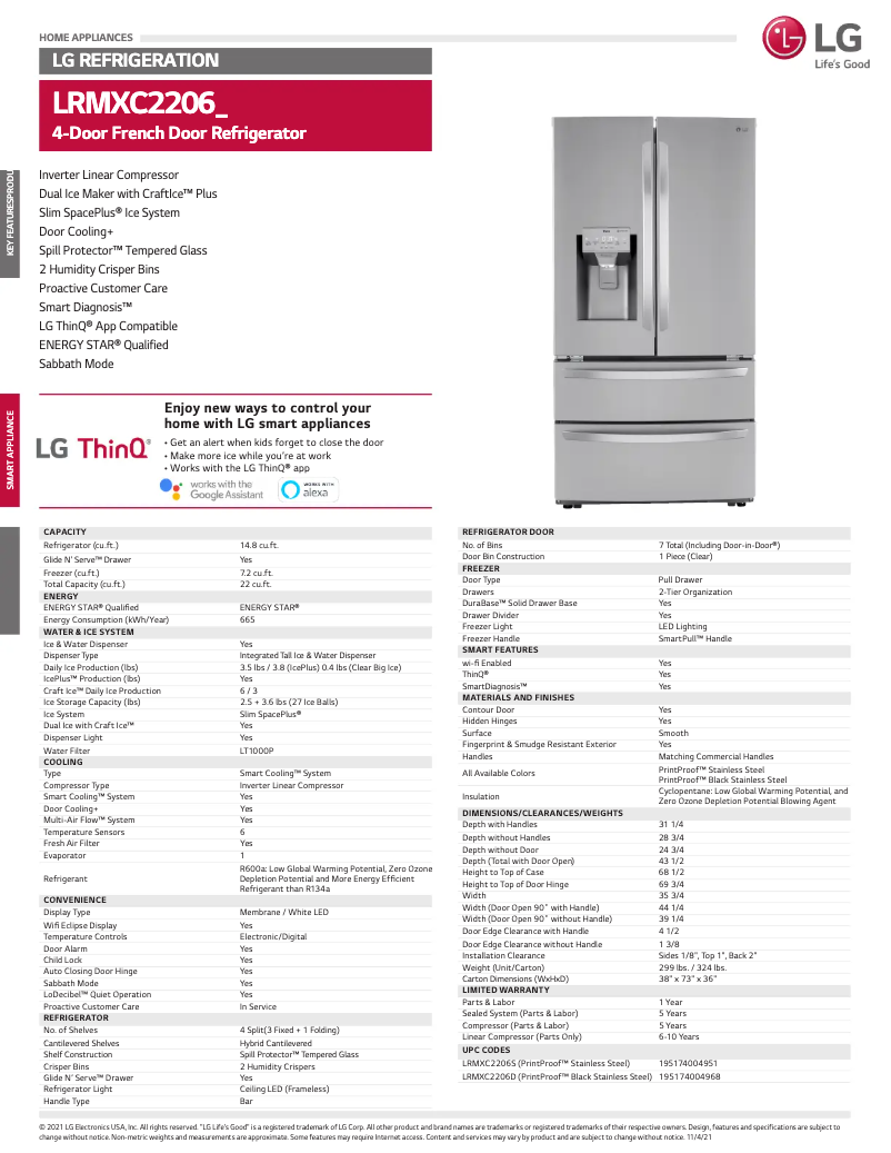 Page 1 de la notice Fiche technique LG LRMXC2206S