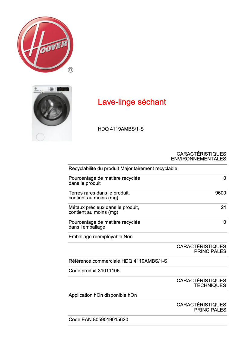 Page 1 de la notice Fiche technique Hoover HDQ 4119AMBS/1-S