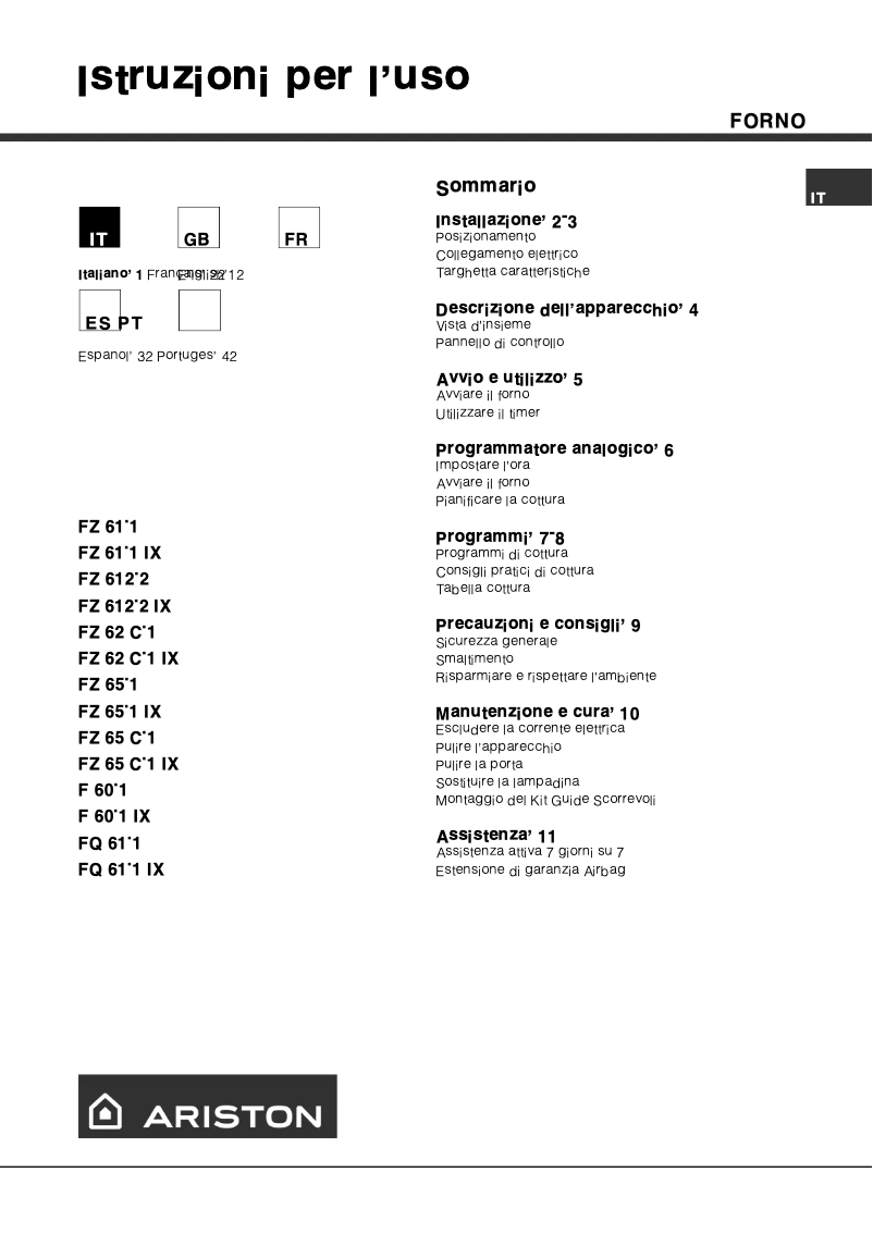 Page 1 de la notice Manuel utilisateur Ariston Thermo FZ 65 C.1 IX
