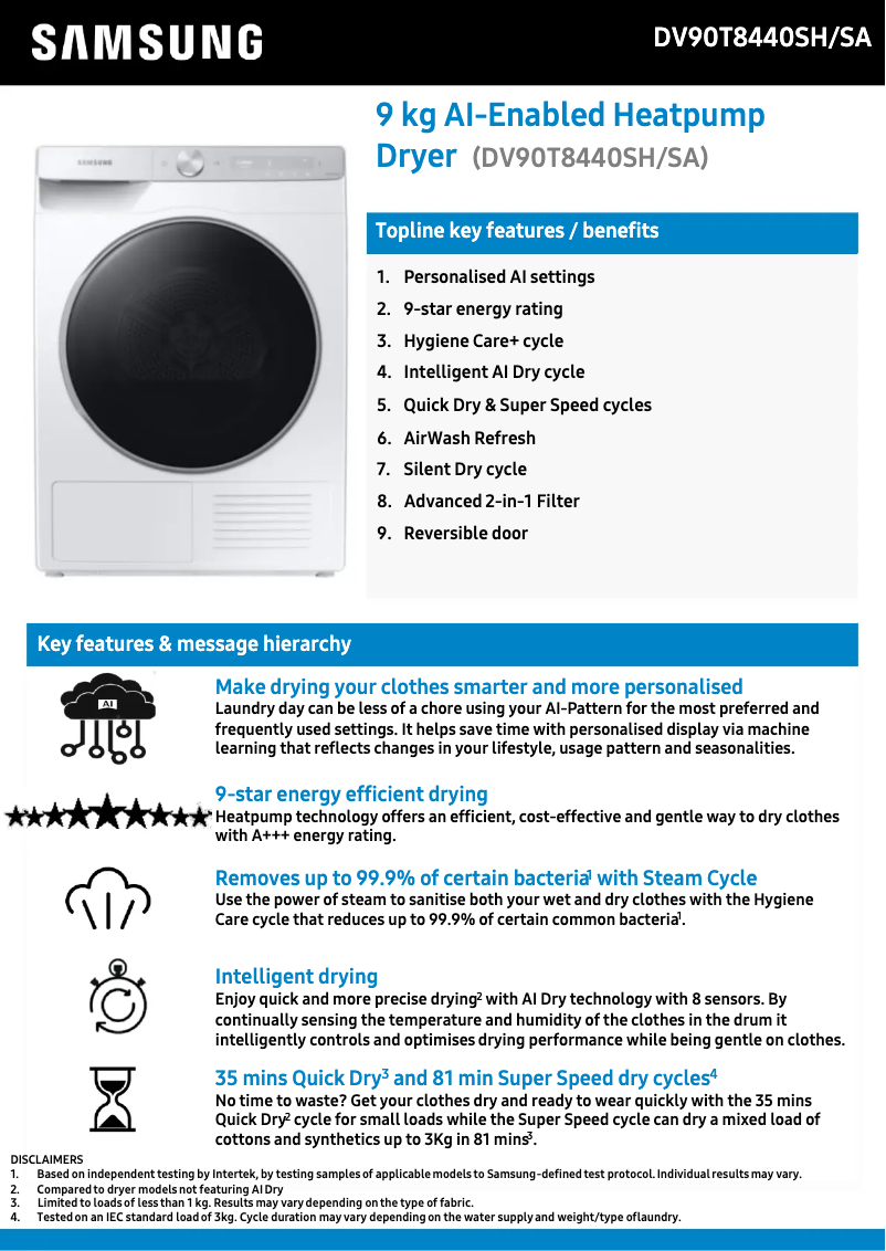Page 1 de la notice Fiche technique Samsung DV90T8440SH