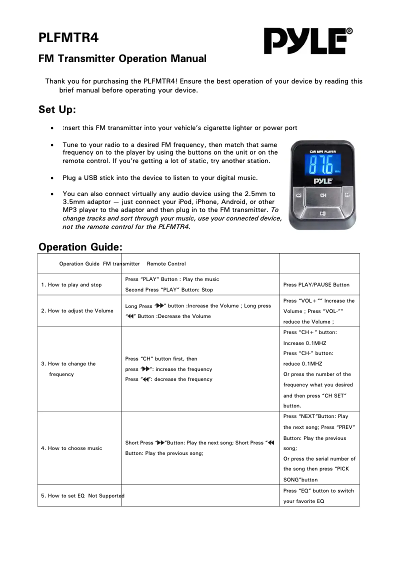 Page 1 de la notice Manuel utilisateur Pyle PLFMTR4