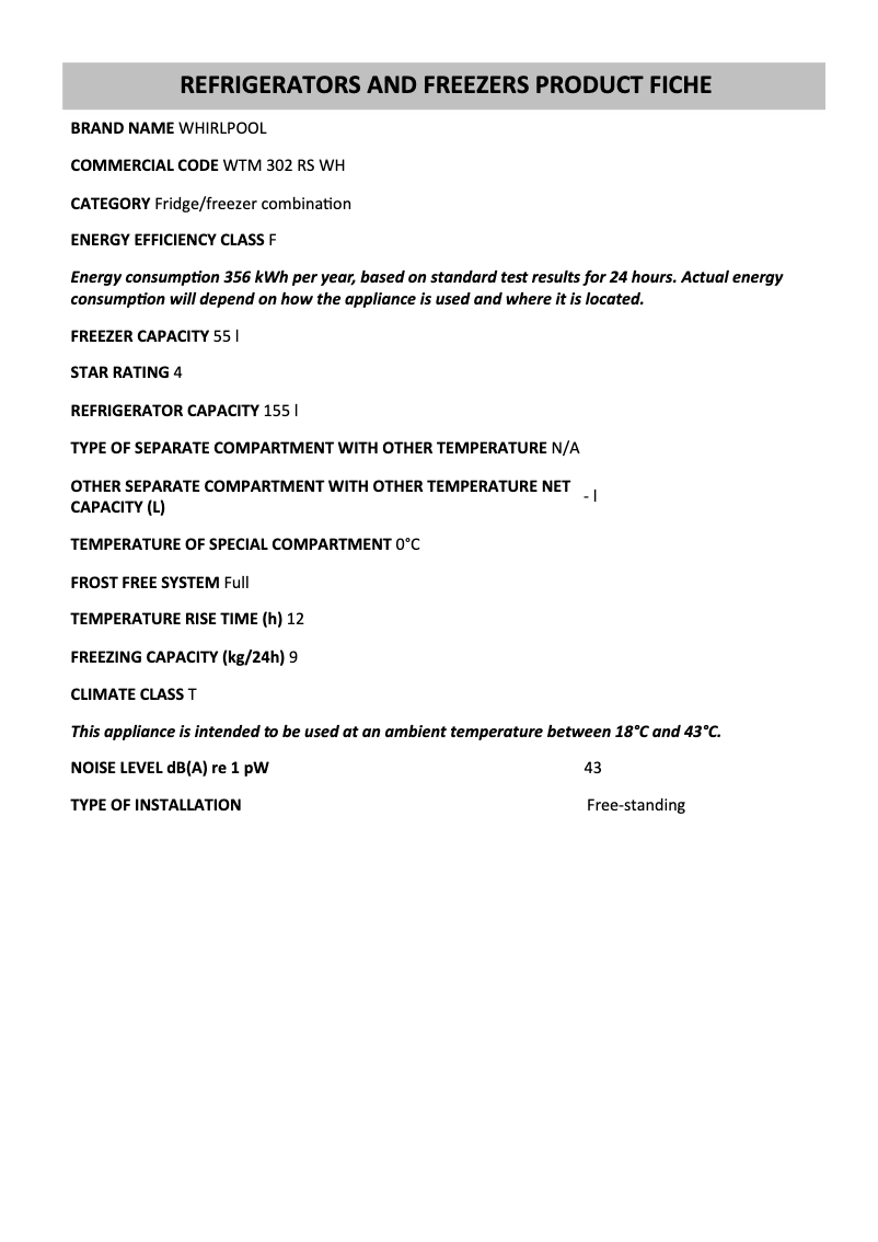 Page 1 de la notice Fiche technique Whirlpool WTM 302 RS WH