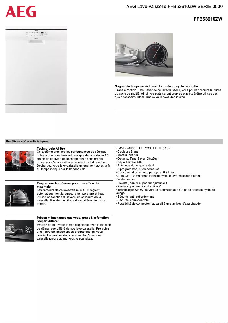Page 1 de la notice Fiche technique AEG FFB53610ZW