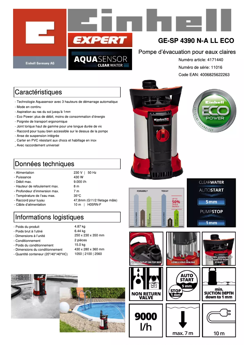 Page 1 de la notice Fiche technique Einhell GE-SP 4390 N-A LL Eco