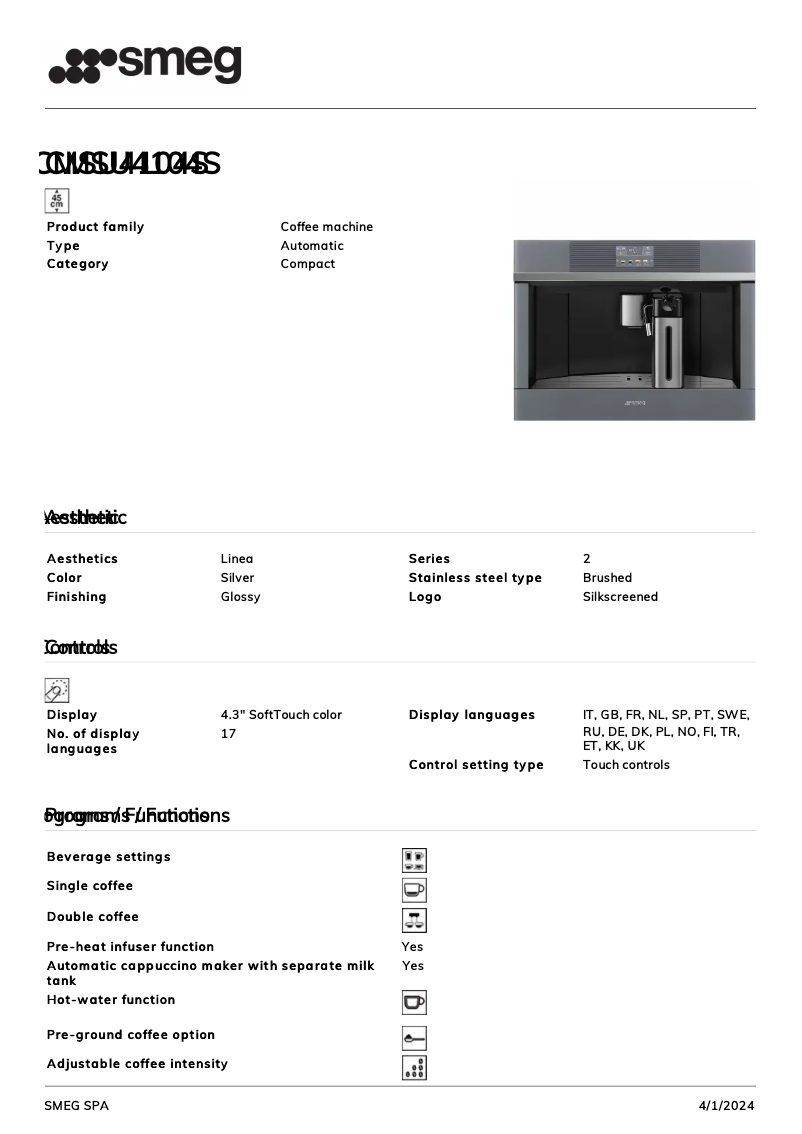 Page n°1 - Fiche technique Smeg CMSU4104S