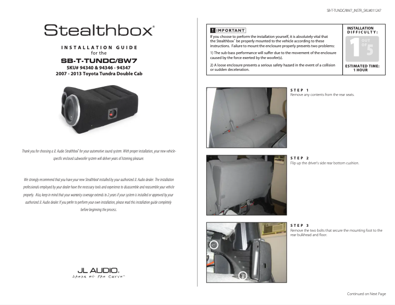 Page 1 de la notice Manuel utilisateur JL Audio Stealthbox SB-T-TUNDC/8W7/BK