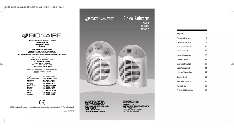 Page n°1 - Manuel utilisateur Bionaire BFH400-I
