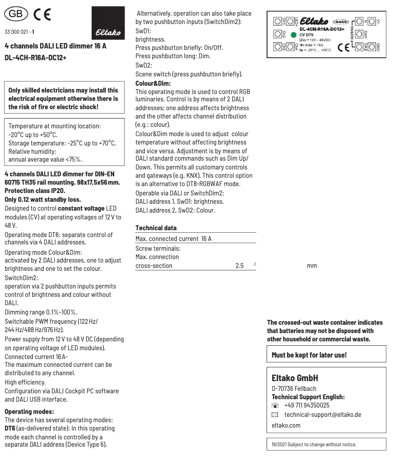 Page 1 de la notice Manuel utilisateur Eltako DL-4CH-R16A-DC12