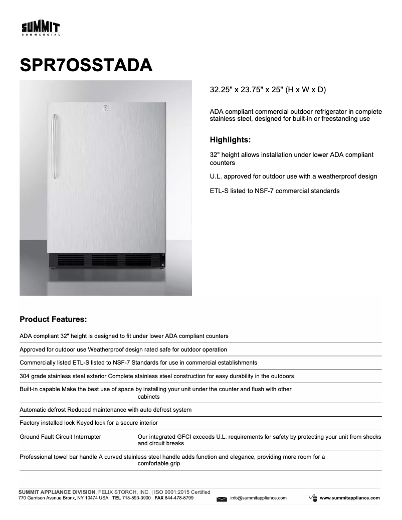 Page 1 de la notice Fiche technique Summit SPR7OSSTADA