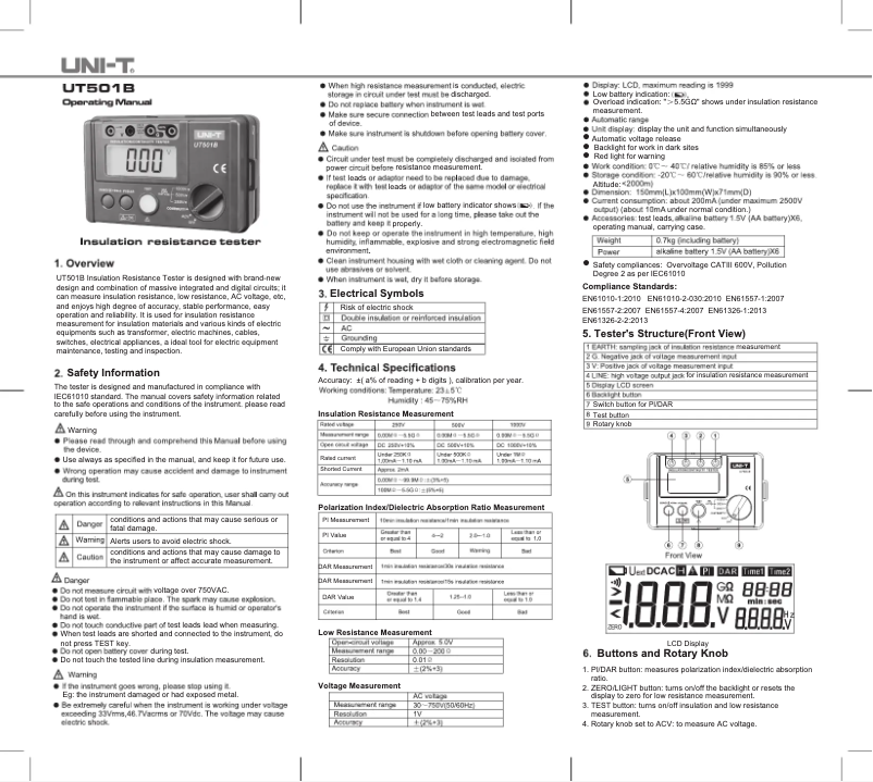 Page 1 de la notice Manuel utilisateur Uni-T UT501B