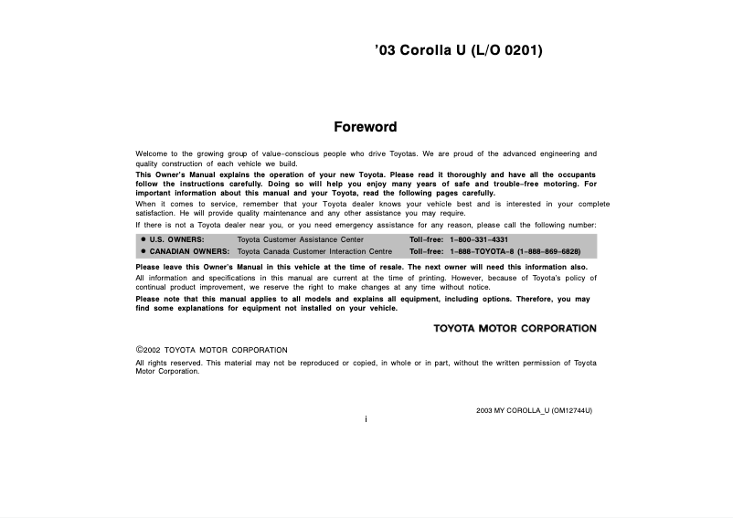 Page 1 de la notice Manuel utilisateur Toyota Corolla (2003)