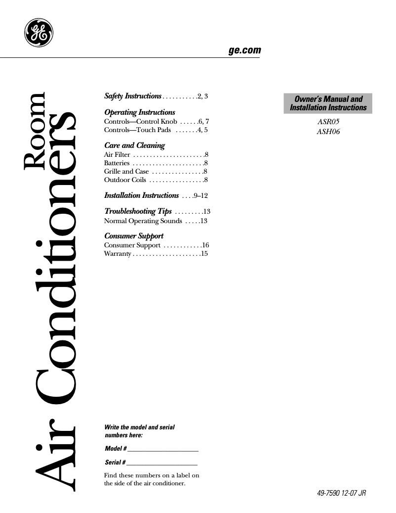 Page 1 de la notice Guide d'installation GE ASH06LL