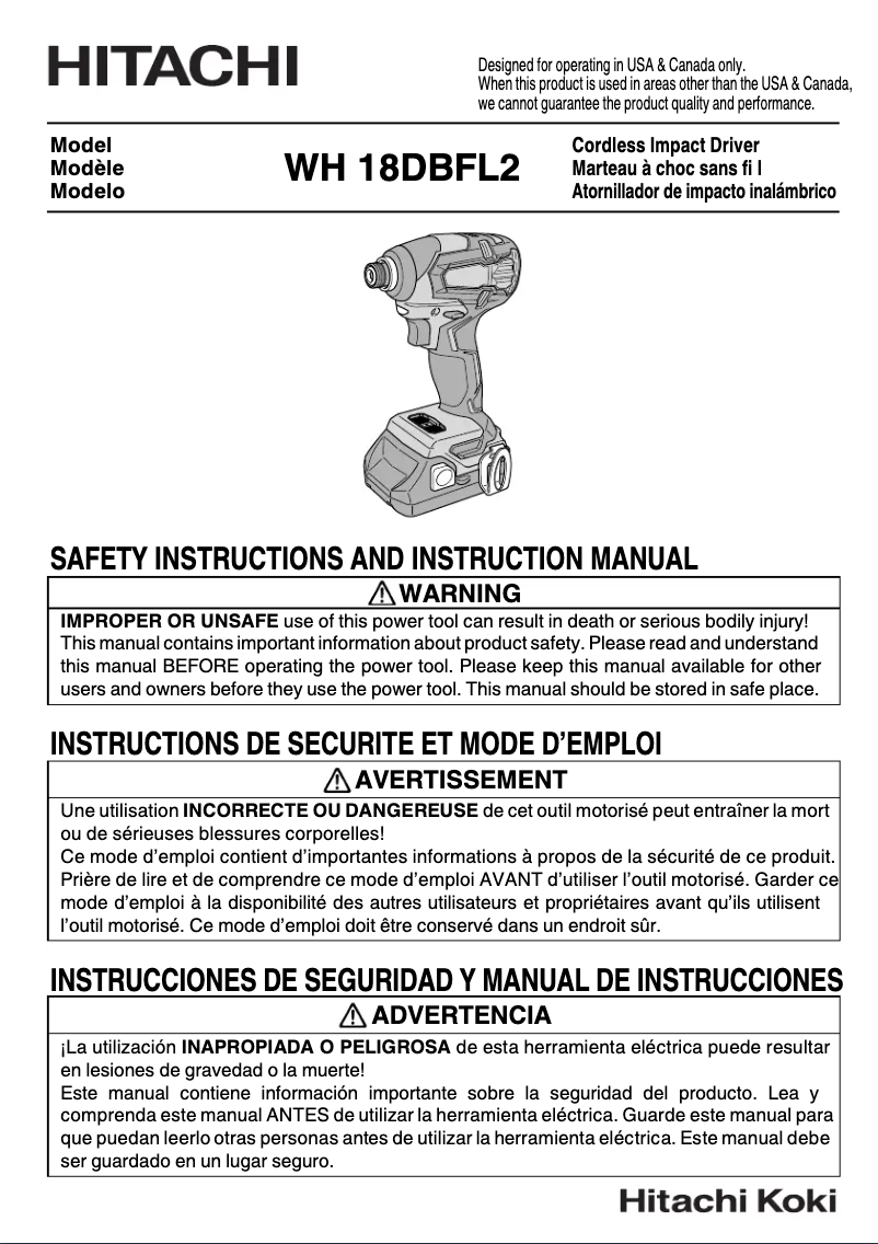 Page 1 de la notice Manuel utilisateur Hitachi WH18DBFL2S