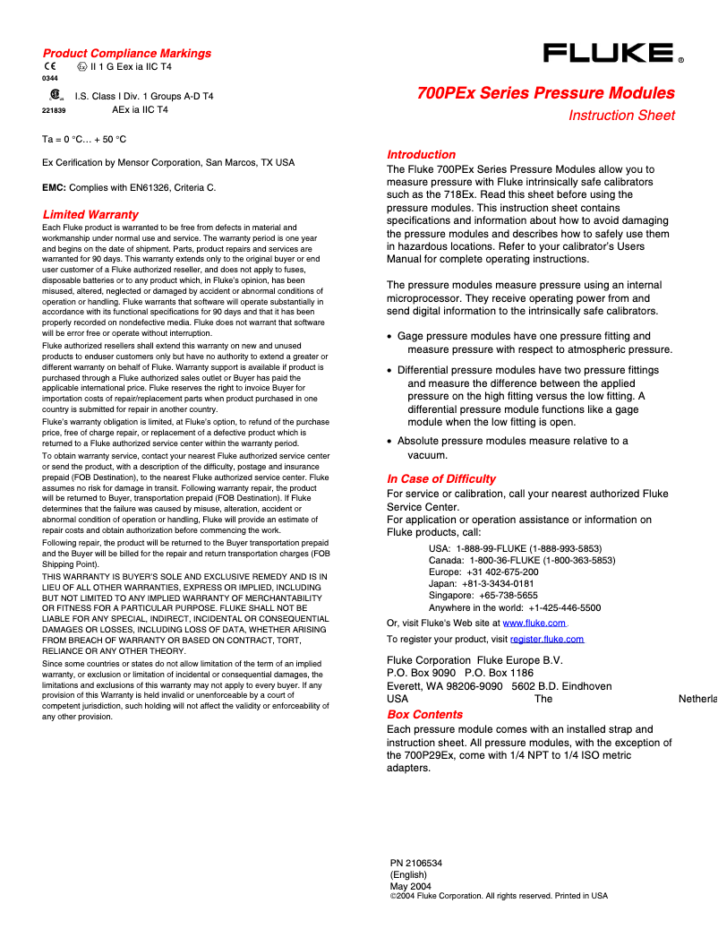 Page 1 de la notice Instructions / montage Fluke 718Ex