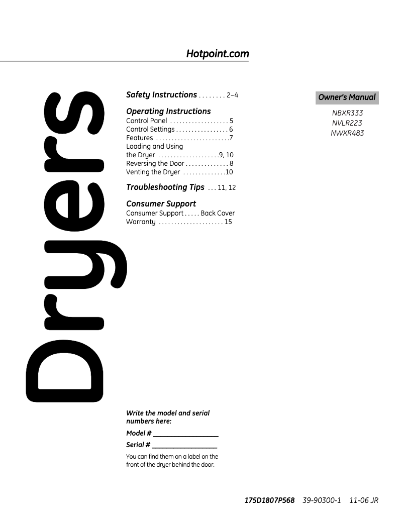 Page 1 de la notice Manuel d'utilisation et d'entretien Hotpoint NVLR223EFWO