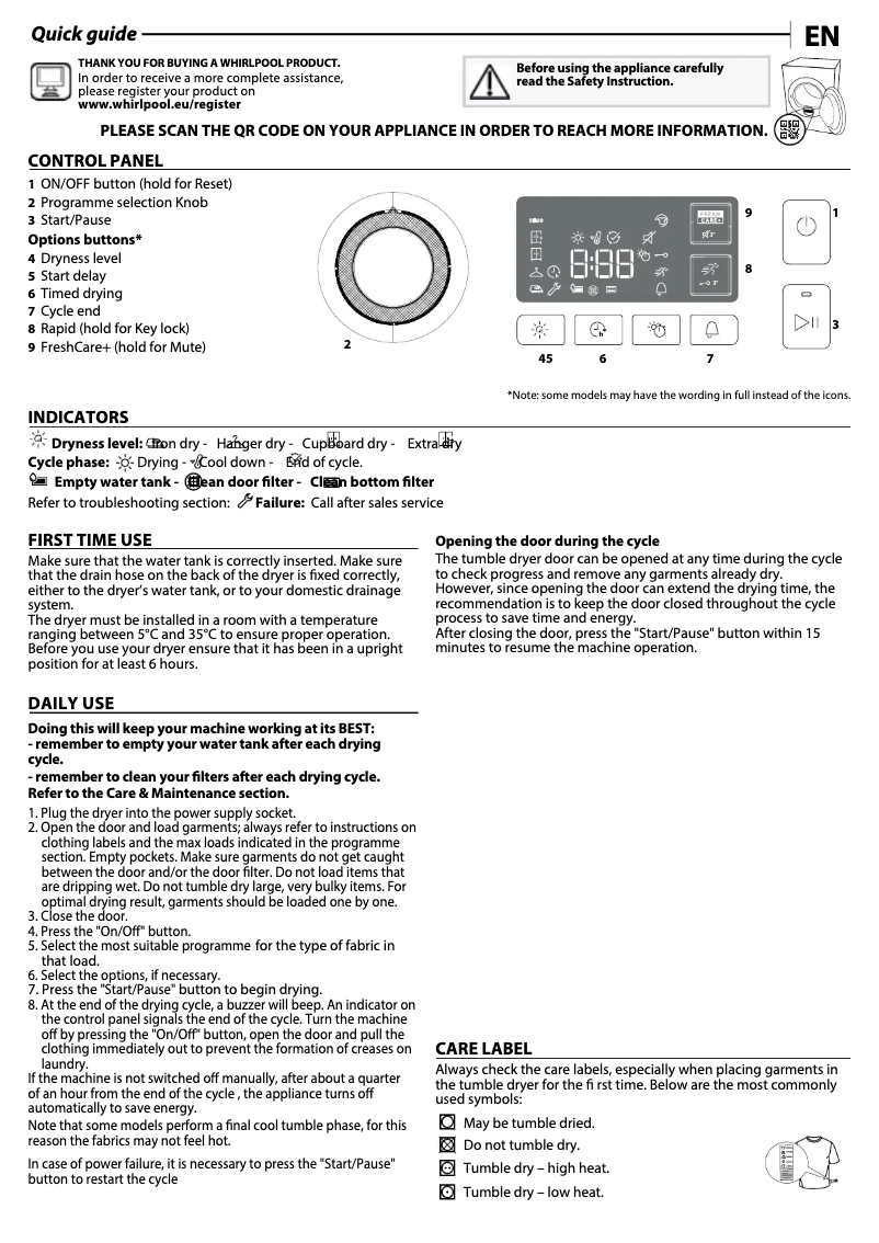 Página 1 del manual Manual de uso y mantenimiento Whirlpool FFT M11 72 EE