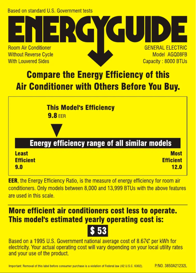 Page 1 de la notice Label énergétique GE AGQ08FB