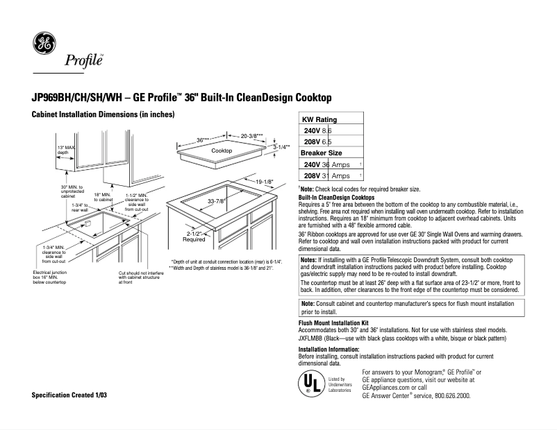 Page 1 of the manual Technical Sheet GE Profile JP969WHWW