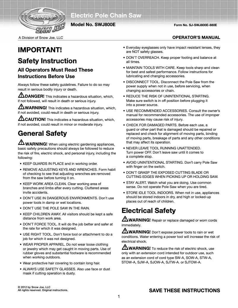 Page 1 de la notice Manuel utilisateur Snow Joe Saw Joe SWJ800E