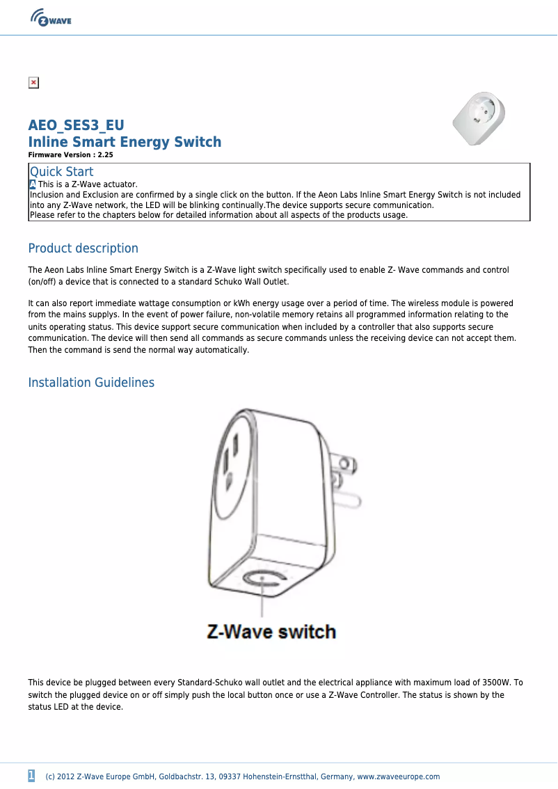 Image de la première page du manuel de l'appareil Smart Energy Switch 3