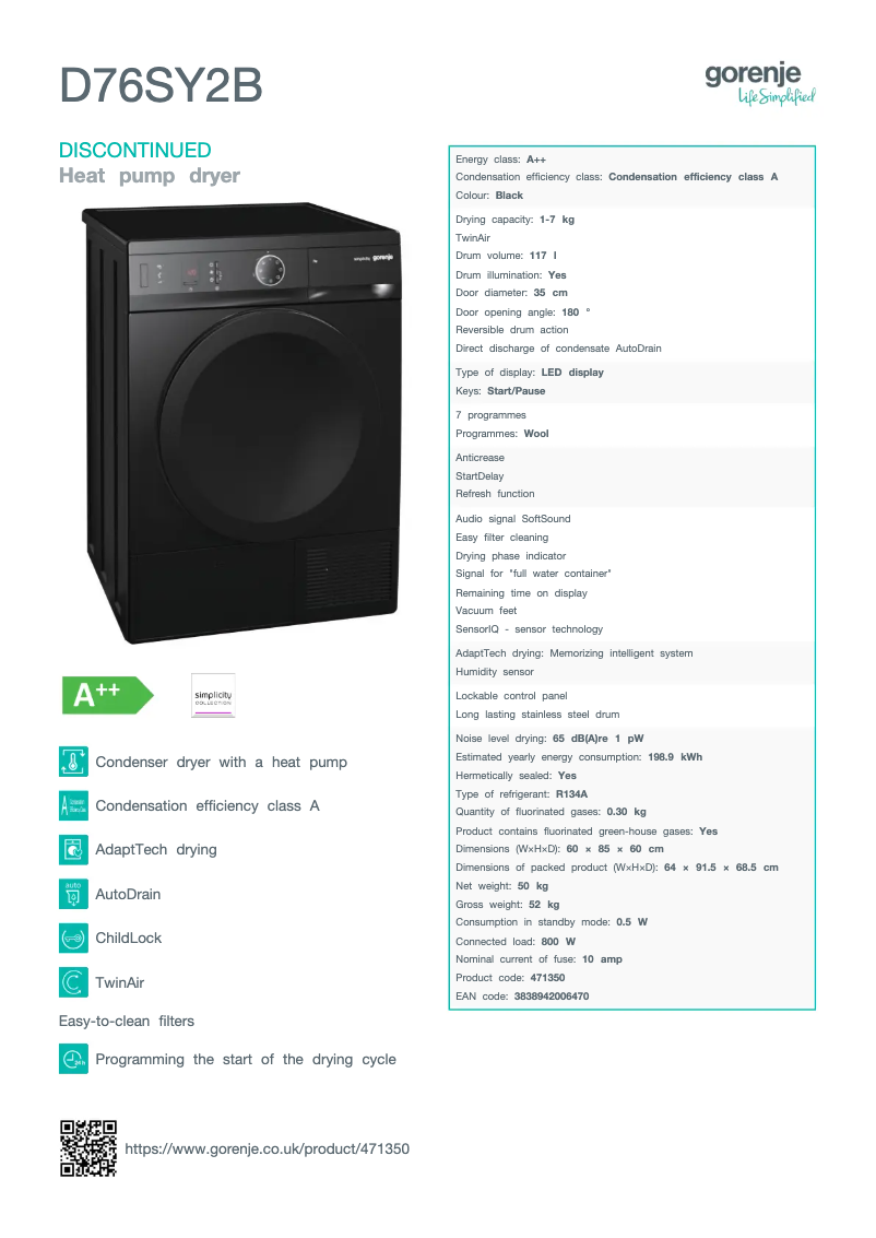 Page 1 de la notice Fiche technique Gorenje D76SY2B