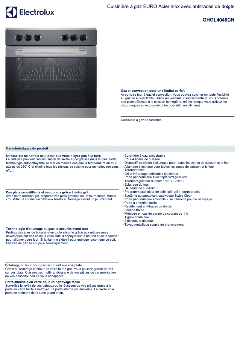Page 1 de la notice Fiche technique Electrolux GHGL4046CN