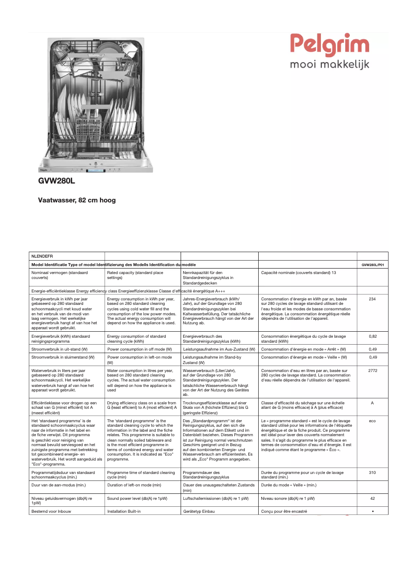 Page 1 de la notice Fiche technique Pelgrim GVW280L