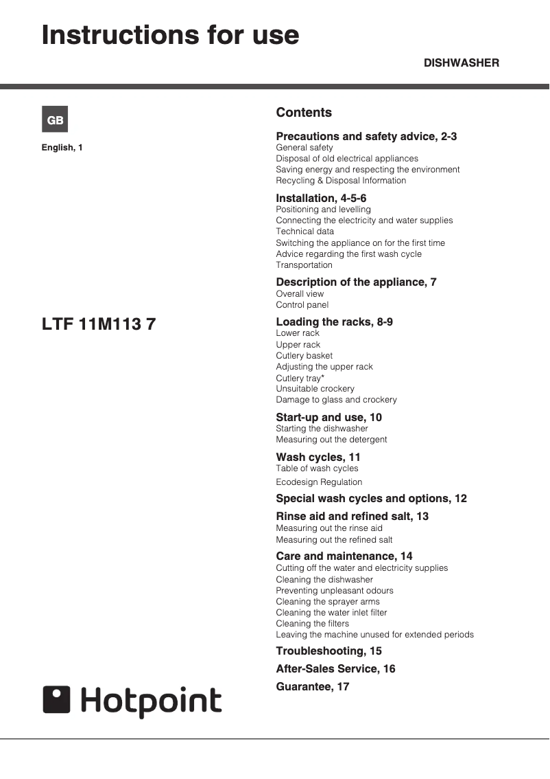 Page 1 de la notice Manuel utilisateur Hotpoint LTF 11M113 7C Ultima