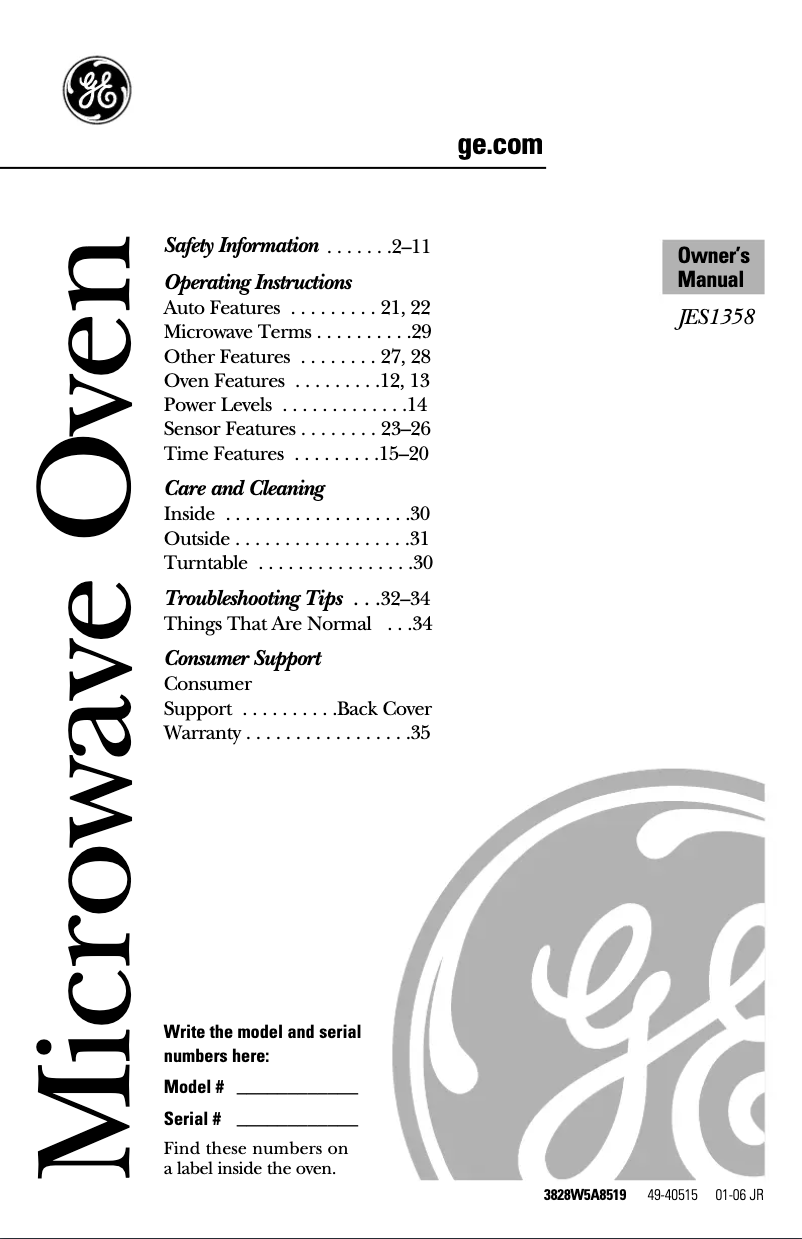 Page n°1 - Manuel utilisateur GE JES1358WJ