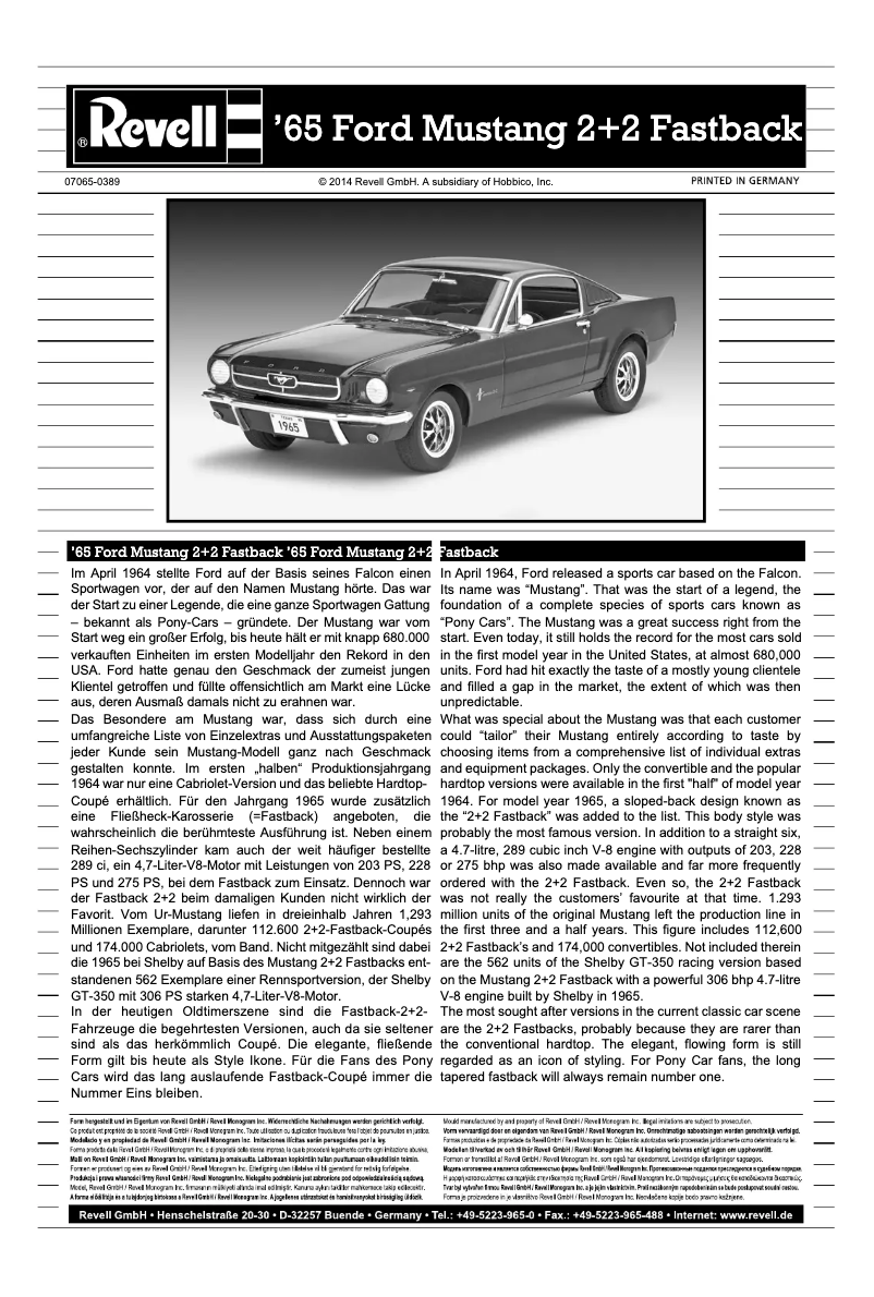 Page 1 de la notice Manuel utilisateur Revell 1965 Ford Mustang 2+2 Fastback