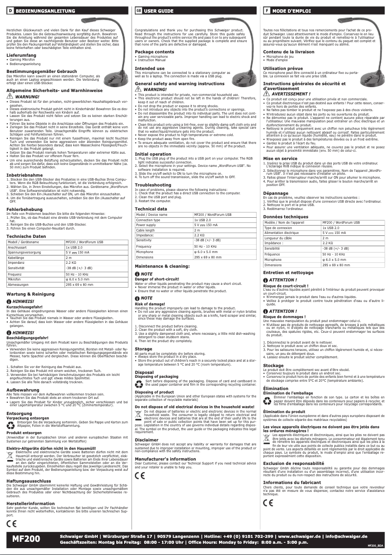 Page n°1 - Manuel utilisateur Schwaiger MF200