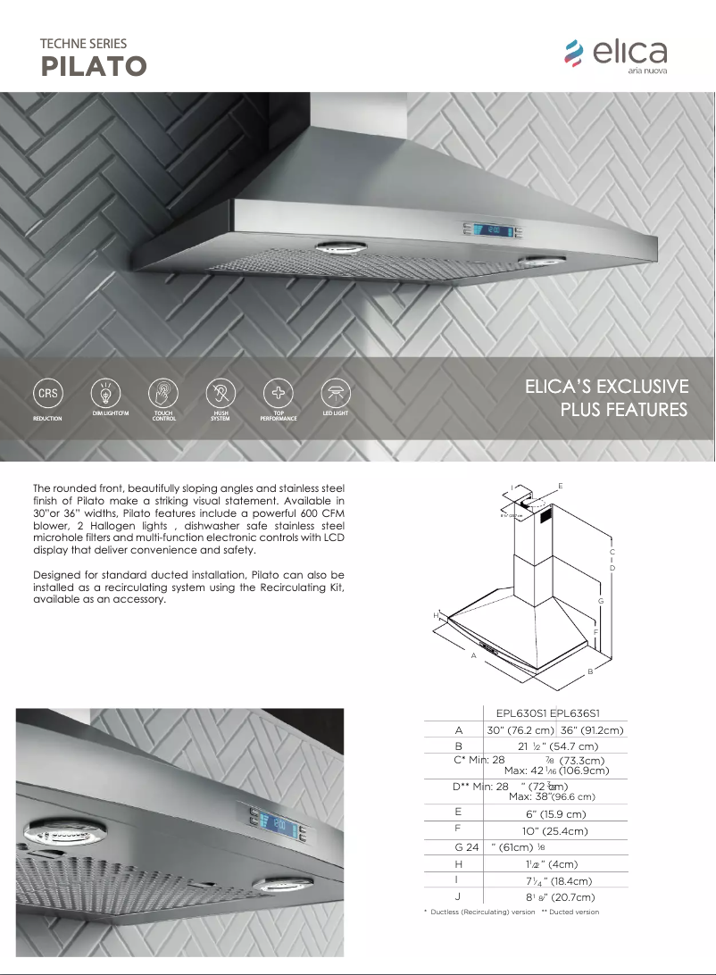 Page 1 de la notice Fiche technique Elica EPL636S1