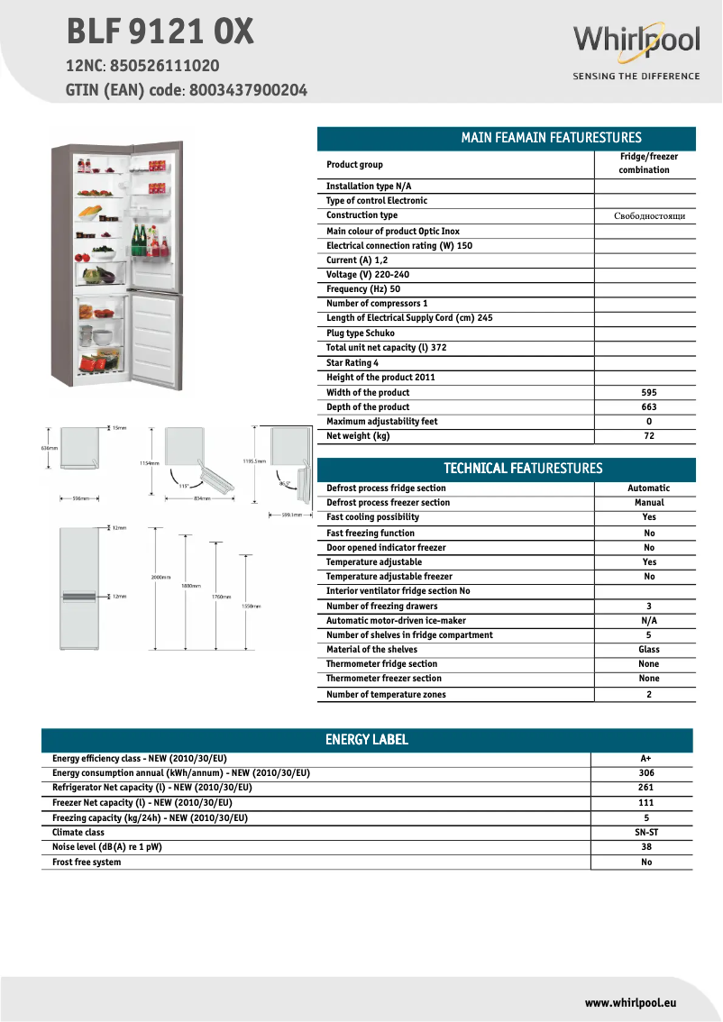 Page 1 de la notice Fiche technique Whirlpool BLF9121OX