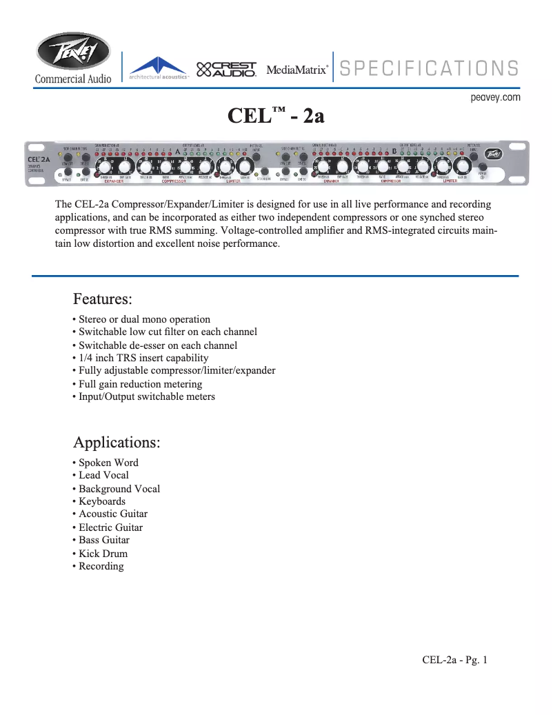Page 1 de la notice Fiche technique Peavey CEL-2A