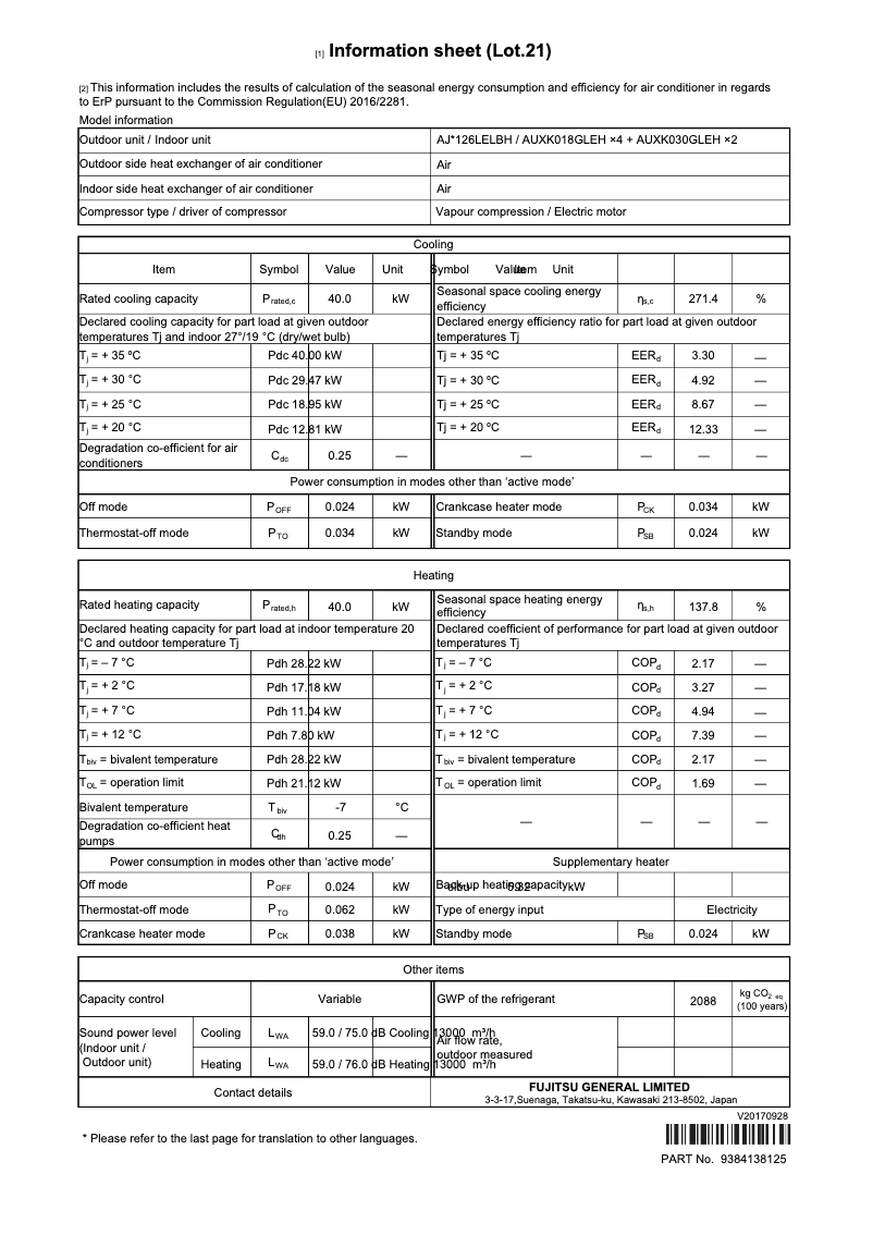 Page 1 de la notice Fiche technique Fujitsu Airstage AJY126LELBH