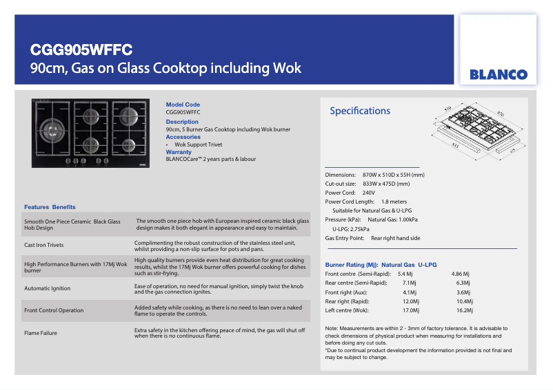 Page n°1 - Fiche technique BLANCO CGG905WFFC