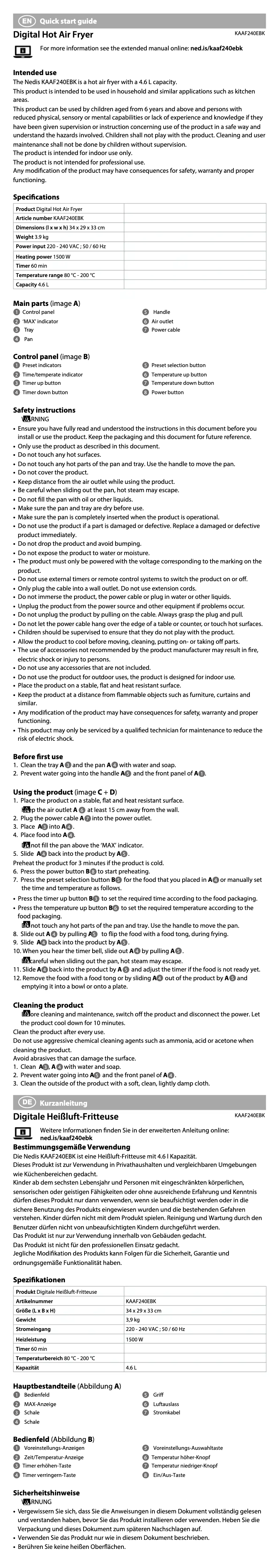 Page 1 de la notice Manuel utilisateur Nedis KAAF240EBK